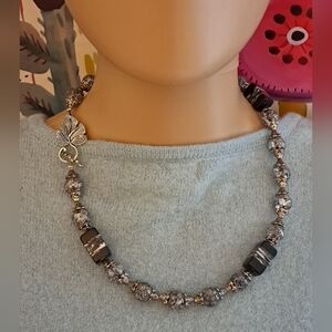 Artisan Silver Cracked Glass and Marbled Onyx Black Beaded, Leaf Clasp Necklace